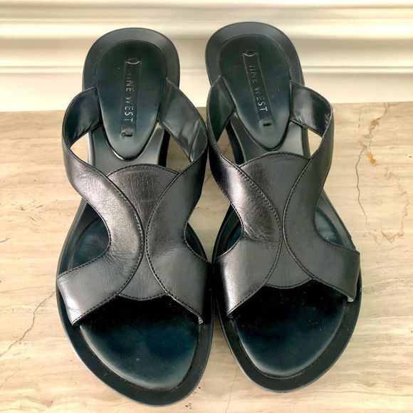 Nine West Shoes - Nine West “Salmoms” black, leather wedge sandals.